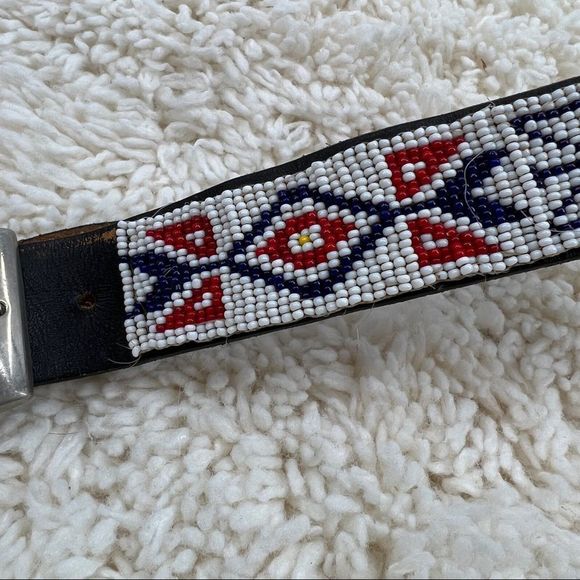 Vintage Boho Leather Belt seed bead Beaded design Hippie 70s retro vibe size 34 main image 6